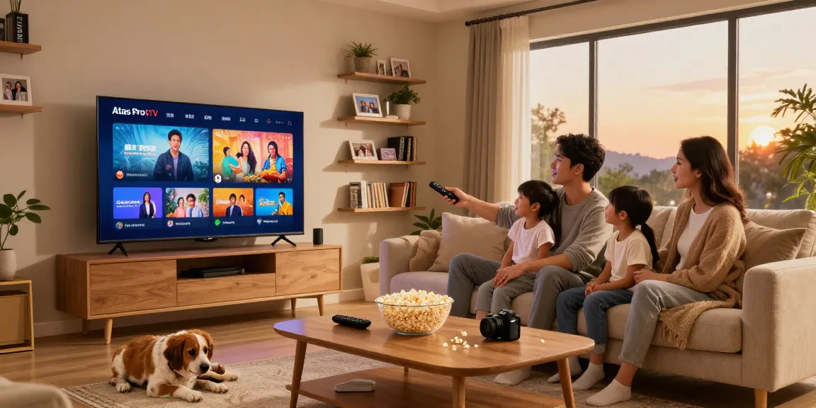 Profitez des services de streaming Atlas Pro avec votre famille dans un salon chaleureux.