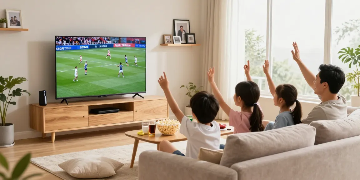 Famille regardant IRON TV dans un salon convivial avec une ambiance chaleureuse.